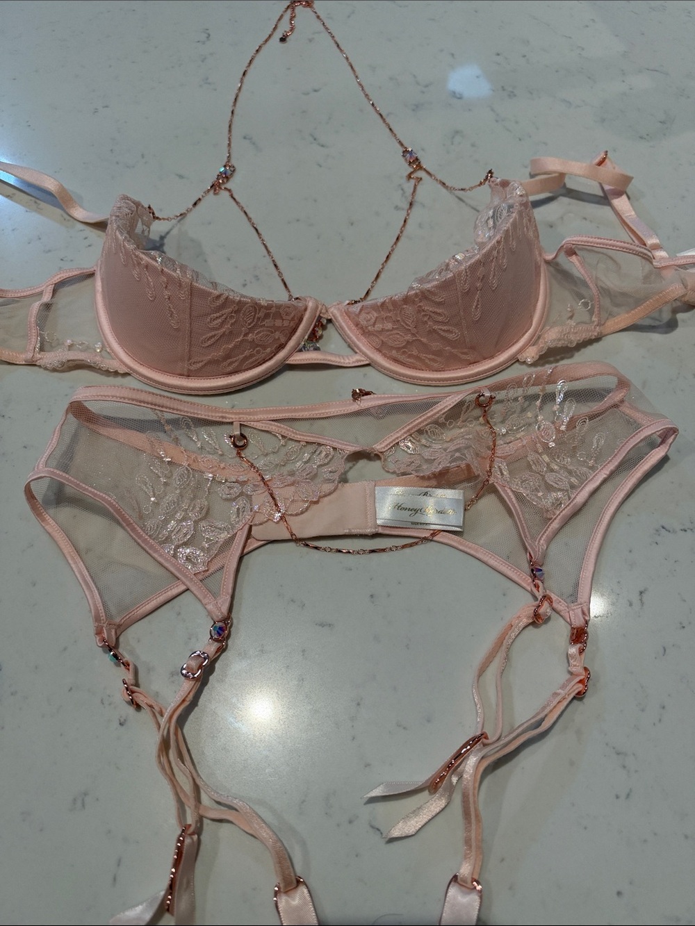 Honey Birdette Blush Pink Lace Push-Up Bra & Garter Set